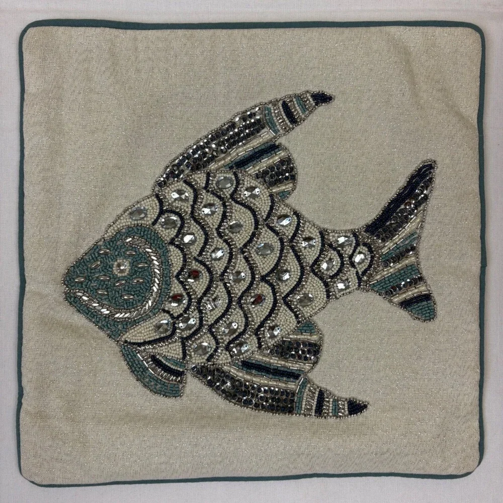 Pier One Beaded Fish Pillow Sham Square 14x14 Blue Cream Sparkly Sequin Beach